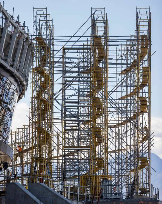 Crews at Allegiant Stadium begin to take down scaffolding on tTuesday, May 19, 2020, in Las Veg ...