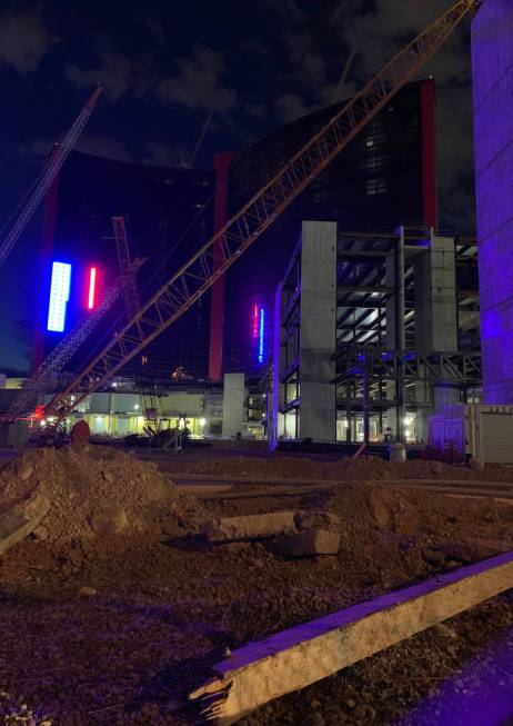 Construction crews tested lighting outside Resorts World Las Vegas on Tuesday, May 19, 2020. (D ...