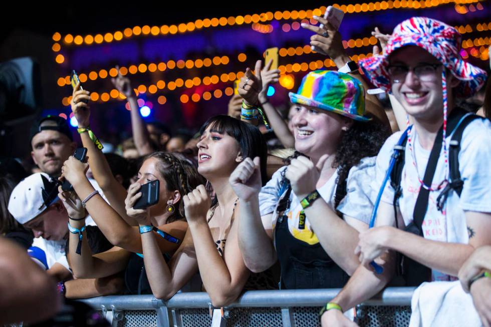 Fans react as Vampire Weekend performs at the downtown stage during day 3 of the Life is Beauti ...