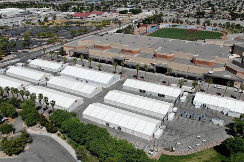 An aerial view of construction of the Cashman Isolation-Quarantine Complex in Las Vegas on Tues ...