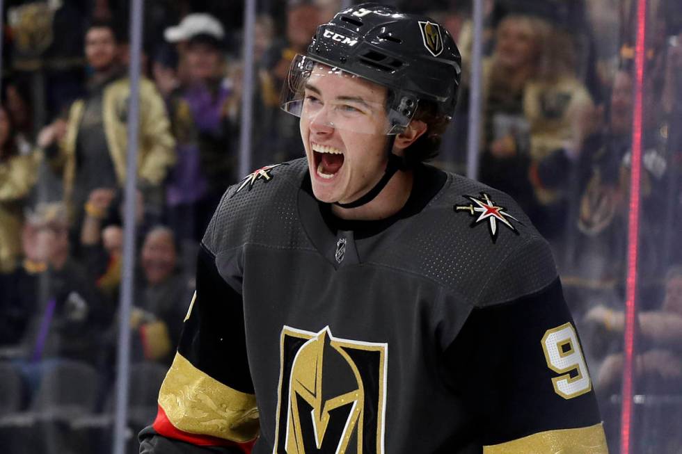 Vegas Golden Knights center Cody Glass reacts after scoring against the San Jose Sharks during ...