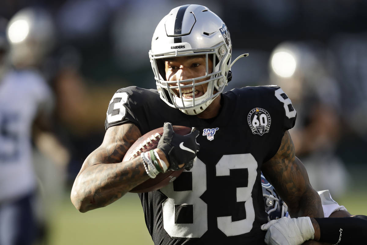 Oakland Raiders tight end Darren Waller (83) runs against the Tennessee Titans during the first ...