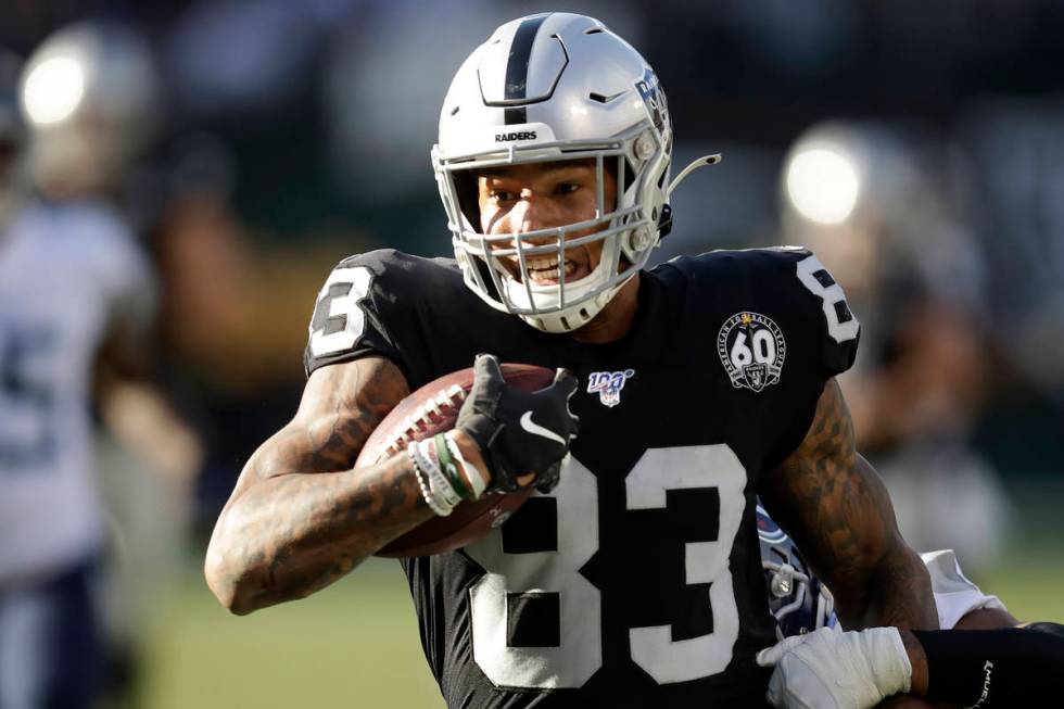 Oakland Raiders tight end Darren Waller (83) runs against the Tennessee Titans during the first ...