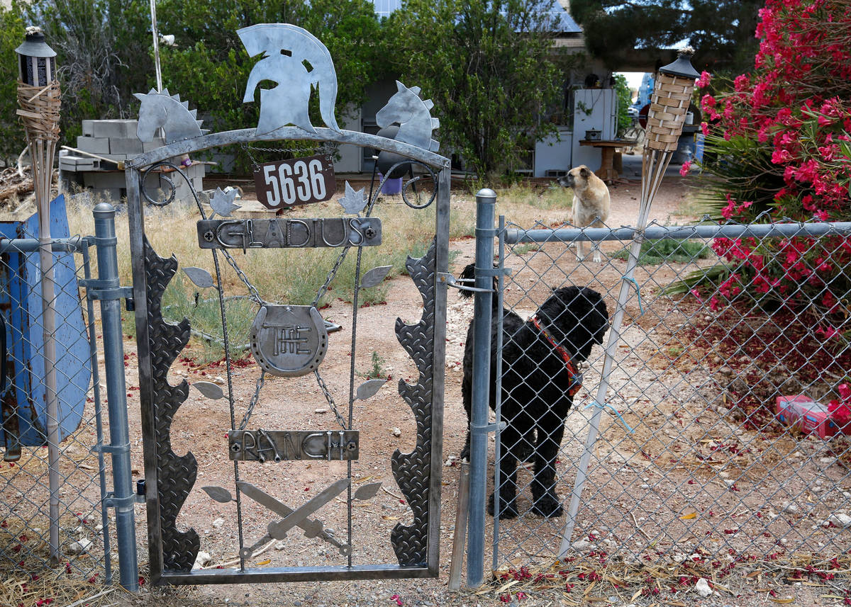 The gate of Gladius the Ranch is seen in Las Vegas, Tuesday, May 19, 2020. Gladius The Show per ...