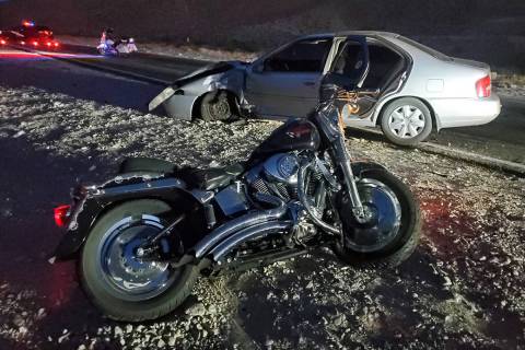 Troopers investigate a fatal crash Thursday, May 21, 2020, at East Lake Mead Boulevard and Los ...