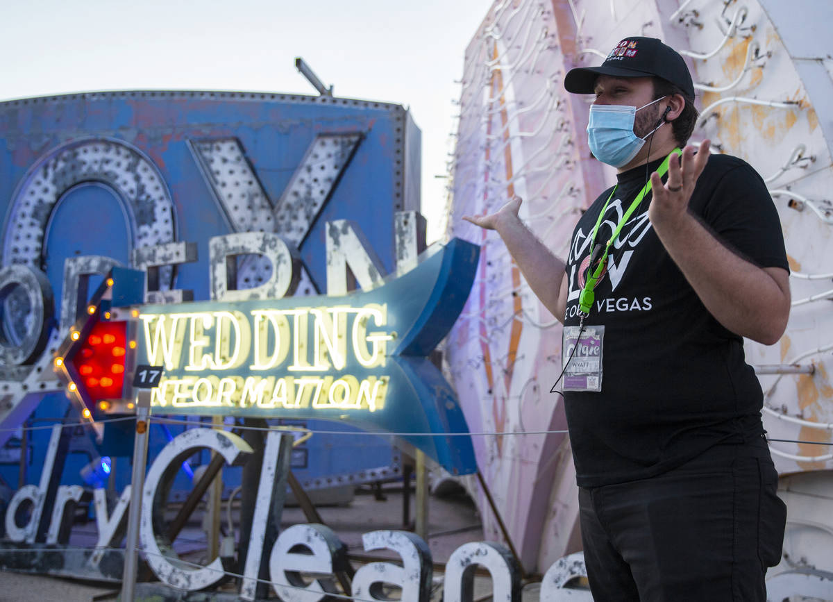 Interpreter Wyatt Currie leads a tour at The Neon Museum on Friday, May 22, 2020, in Las Vegas. ...