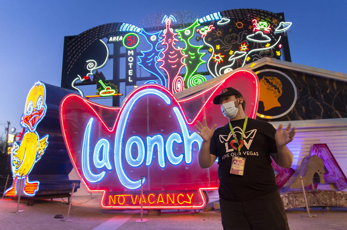 Interpreter Wyatt Currie leads a tour at The Neon Museum on Friday, May 22, 2020, in Las Vegas. ...