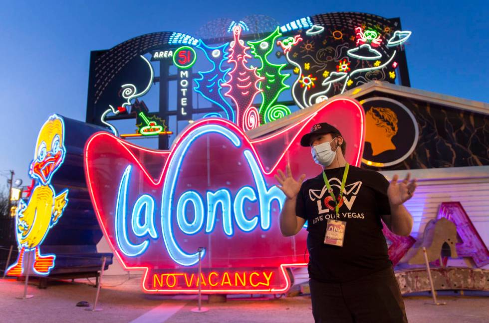 Interpreter Wyatt Currie leads a tour at The Neon Museum on Friday, May 22, 2020, in Las Vegas. ...