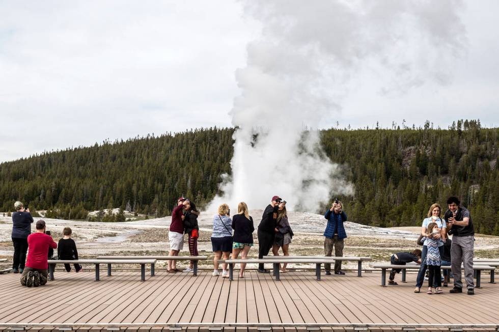 In this Monday, May 18, 2020 photo, visitors watch as Old Faithful erupts on the day the park p ...