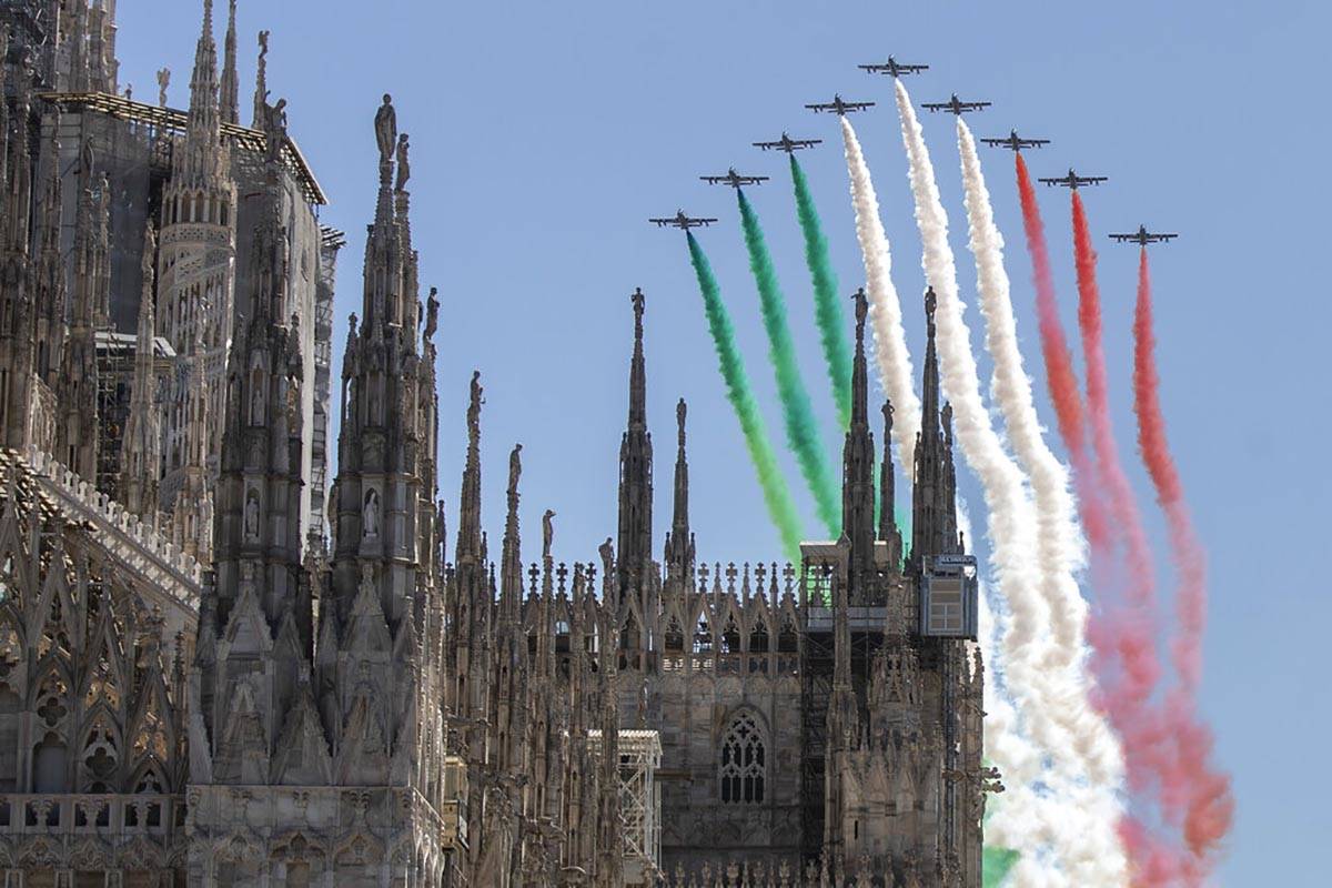 The Frecce Tricolori aerobatic squad of the Italian Air Force flies over Milan's Duomo cathedra ...