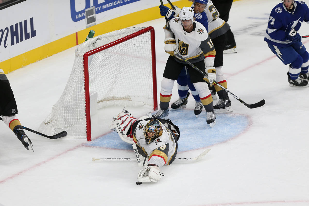 Vegas Golden Knights goaltender Marc-Andre Fleury (29) defends against the Tampa Bay Lightning ...