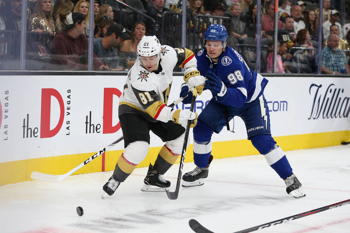 Vegas Golden Knights center Jonathan Marchessault (81) and Tampa Bay Lightning defenseman Mikha ...