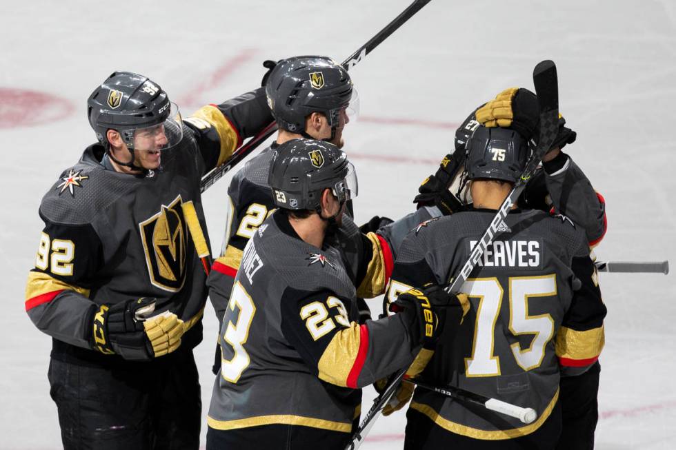 Vegas Golden Knights left wing Tomas Nosek (92), Vegas Golden Knights left wing William Carrier ...