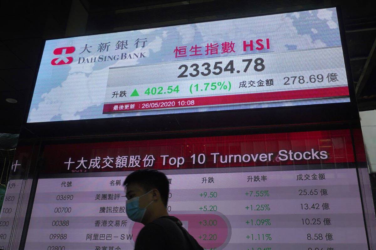 A man wearing face mask walks past a bank electronic board showing the Hong Kong share index at ...