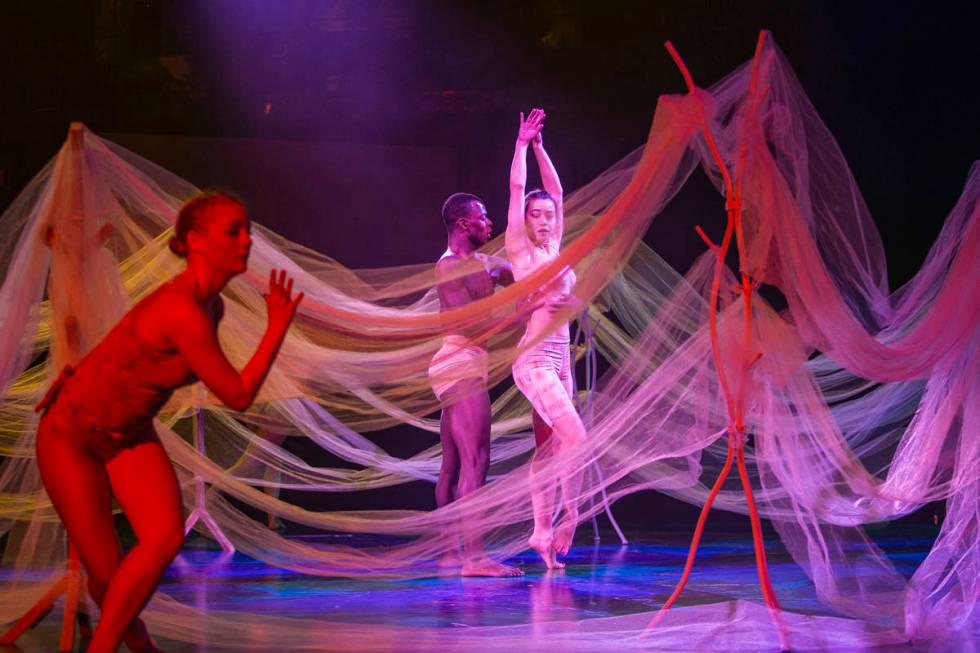 Dancers with Cirque du Soleil and the Nevada Ballet Theatre perform a routine while rehearsing ...