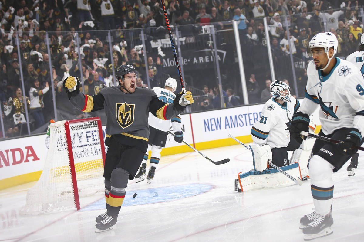 Golden Knights right wing Mark Stone (61) celebrates a goal by left wing Max Pacioretty, not pi ...