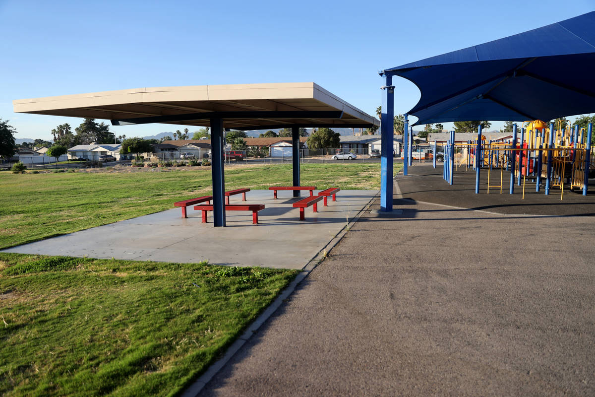 The playground and back field at Ferron Elementary School in Las Vegas Wednesday, May 27, 2020. ...