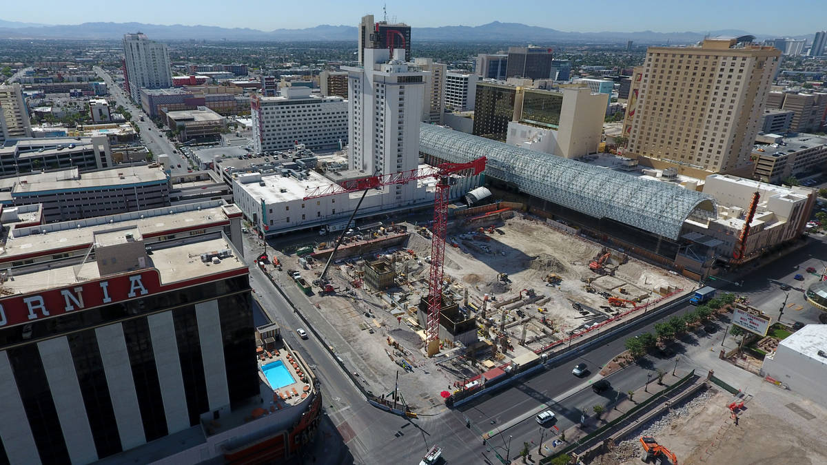 Aerial photo of early construction at Circa hotel casino in downtown Las Vegas on Friday, May 3 ...