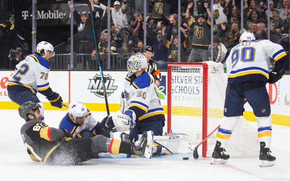 Vegas Golden Knights left wing Max Pacioretty (67) scores against St. Louis Blues goaltender Jo ...