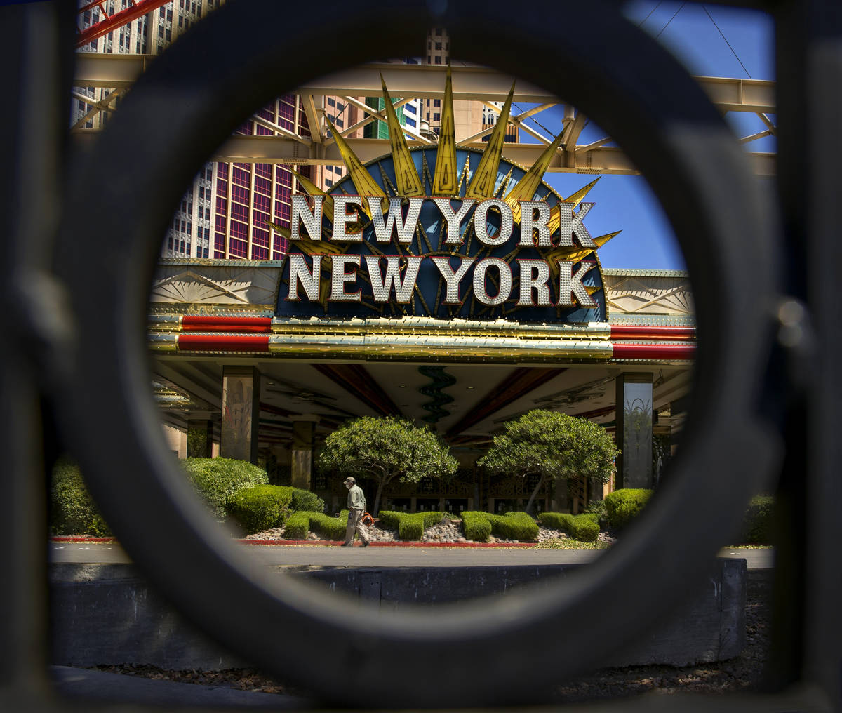 A landscaper blows clippings after trimming the bushes in front of New York-New York about the ...