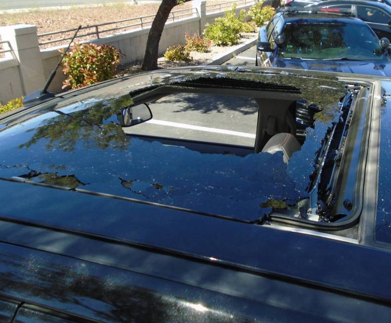 This is one of 25 vehicles damaged when rocks were thrown from an overpass on U.S. Highway 95 i ...