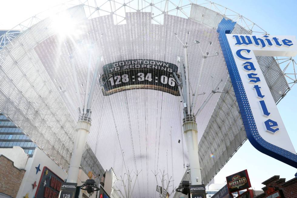 A countdown is seen on Friday afternoon, May 29, 2020, for the reopening of the Fremont Street ...