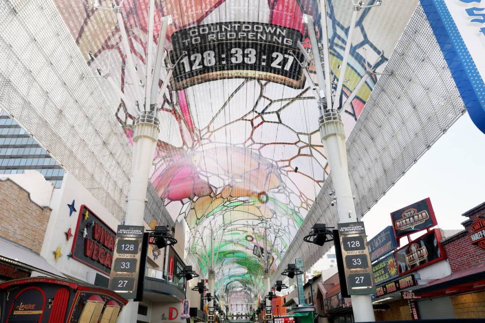 A countdown is seen on Friday afternoon, May 29, 2020, for the reopening of the Fremont Street ...