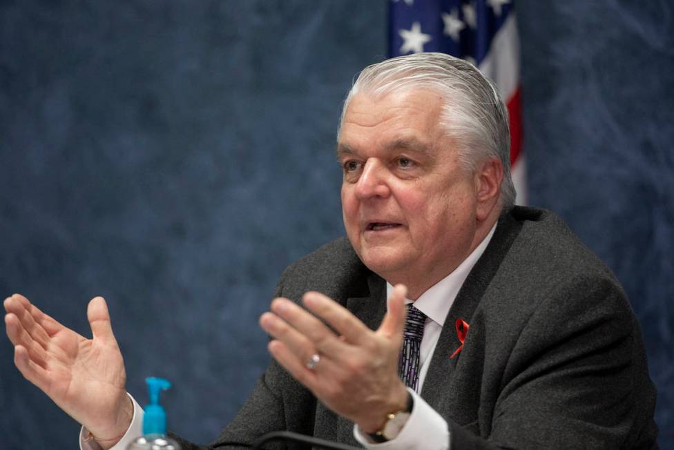 In this April 8, 2020, file photo, Gov. Steve Sisolak speaks during a news conference at the Gr ...