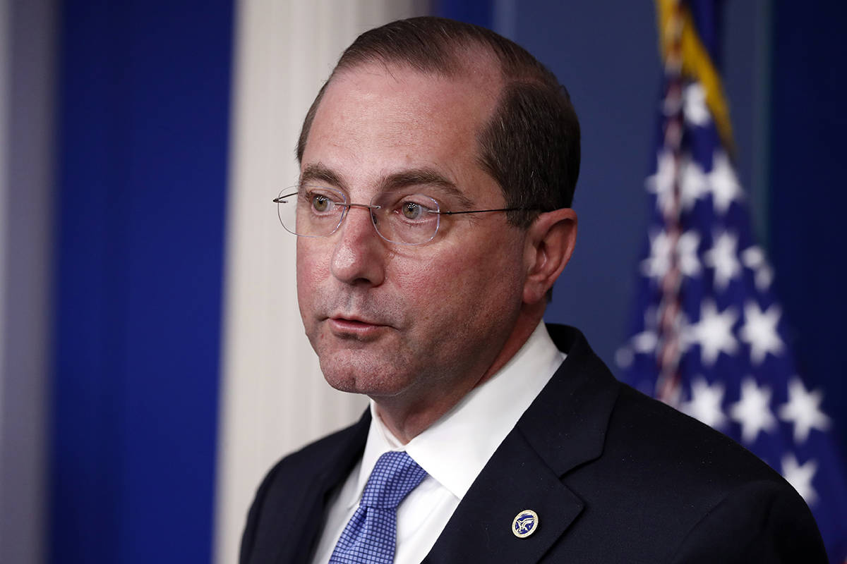 Health and Human Services Secretary Alex Azar speaks about the coronavirus in the James Brady P ...