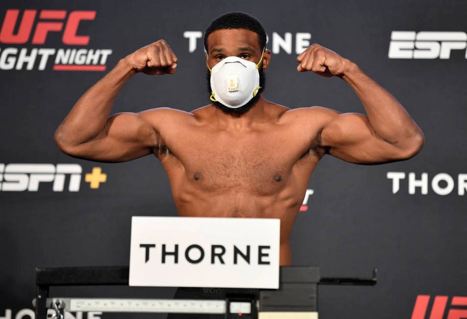 Tyron Woodley poses on the scale during the UFC weigh-in at UFC APEX on May 29, 2020 in Las Veg ...