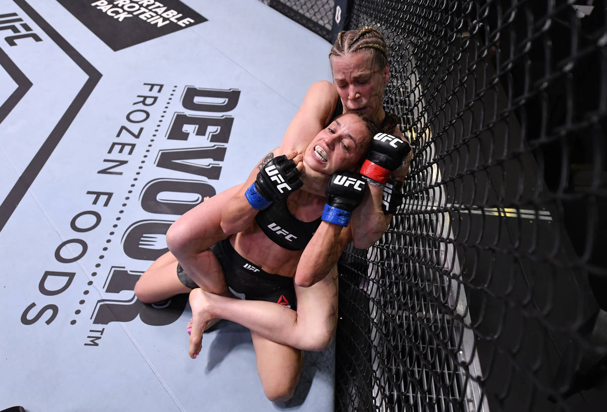 LAS VEGAS, NEVADA - MAY 30: Katlyn Chookagian attempts to secure a rear choke submission agains ...