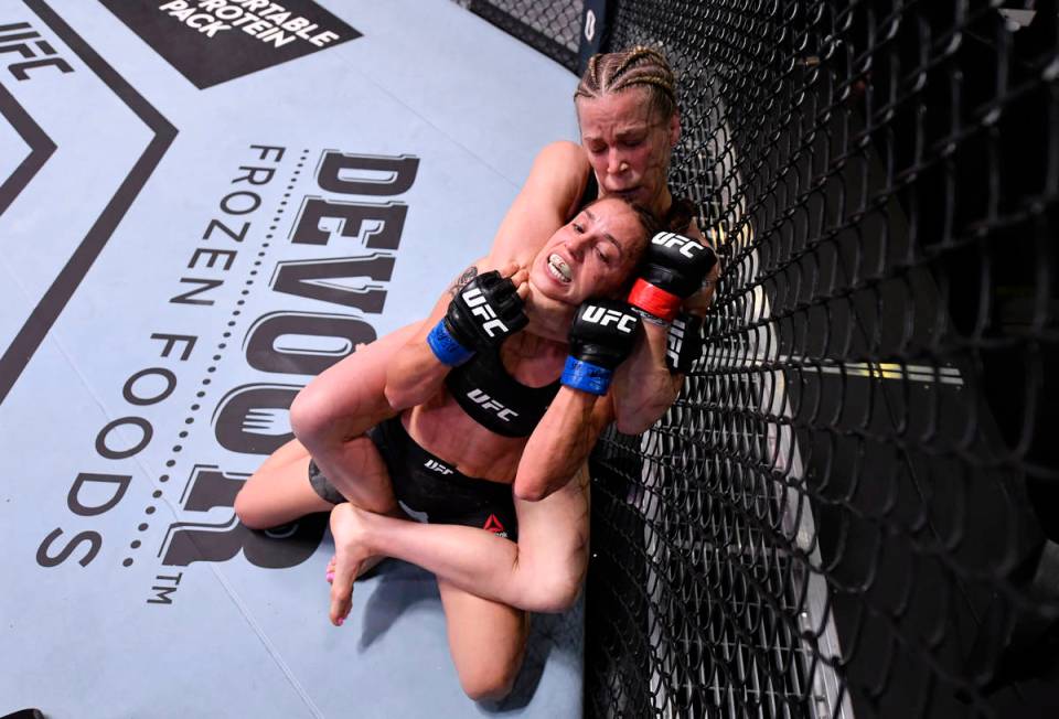 LAS VEGAS, NEVADA - MAY 30: Katlyn Chookagian attempts to secure a rear choke submission agains ...