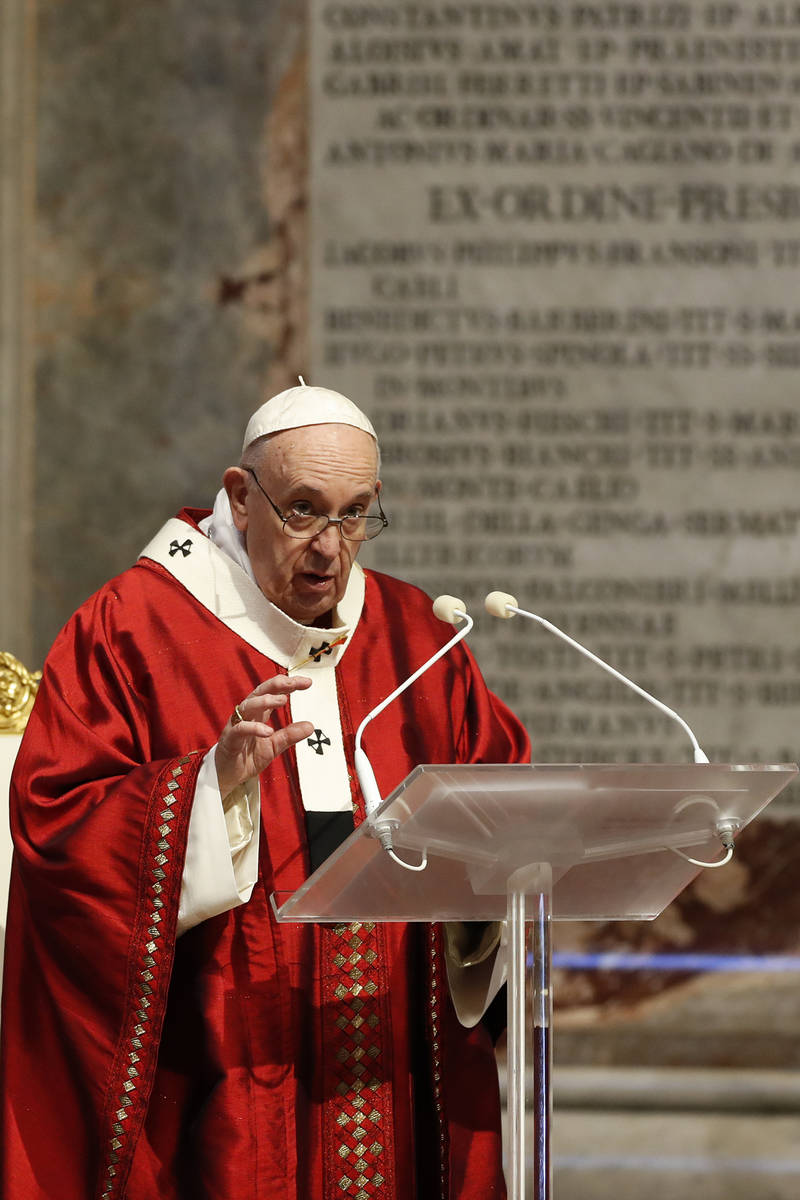 Pope Francis celebrates Mass in St. Peter's Basilica at the Vatican, Sunday, May 31, 2020. Fran ...
