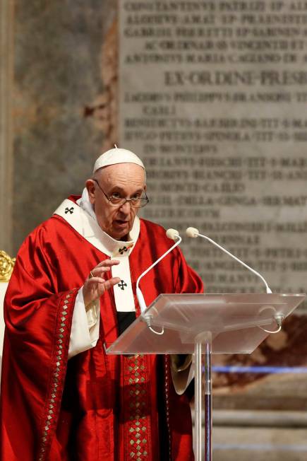 Pope Francis celebrates Mass in St. Peter's Basilica at the Vatican, Sunday, May 31, 2020. Fran ...