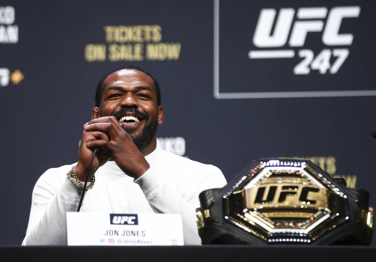 Jon Jones speaks during a press conference ahead of UFC 247, where he is slated to take on Domi ...