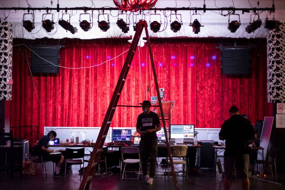 Production staff gets ready for live-streamed show and fundraiser at Backstage Bar & Billia ...