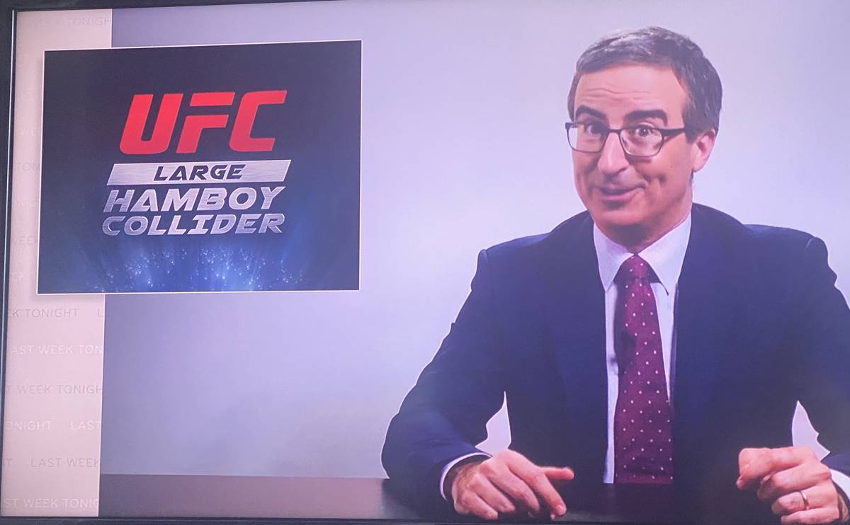 A screen shot of John Oliver promoting the name of an upcoming UFC fight card on the May 31, 20 ...