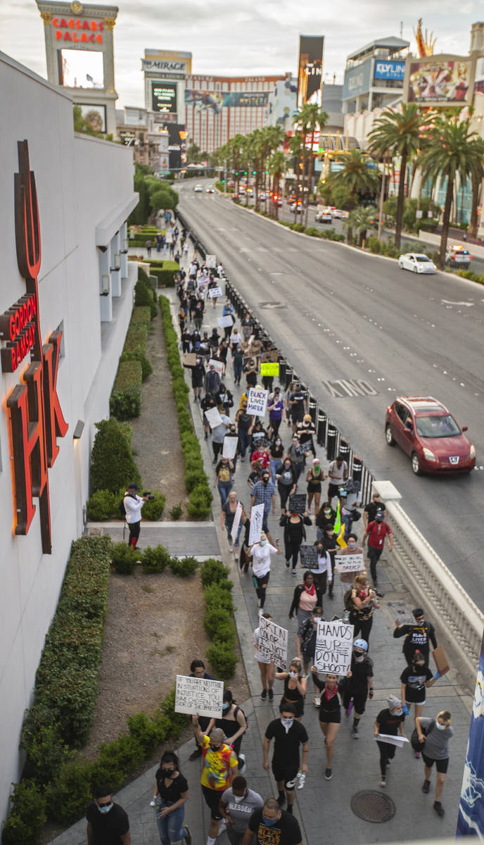 A large crowd protests on the Strip on Monday, June 1, 2020, in Las Vegas as riots continue thr ...