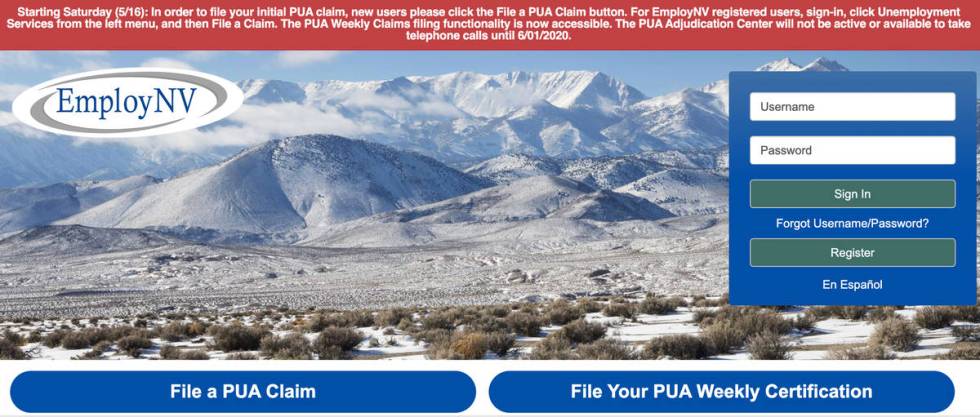 The website for Nevada PUA filers, employnv.gov, shows outdated information on Monday, June 1 2 ...
