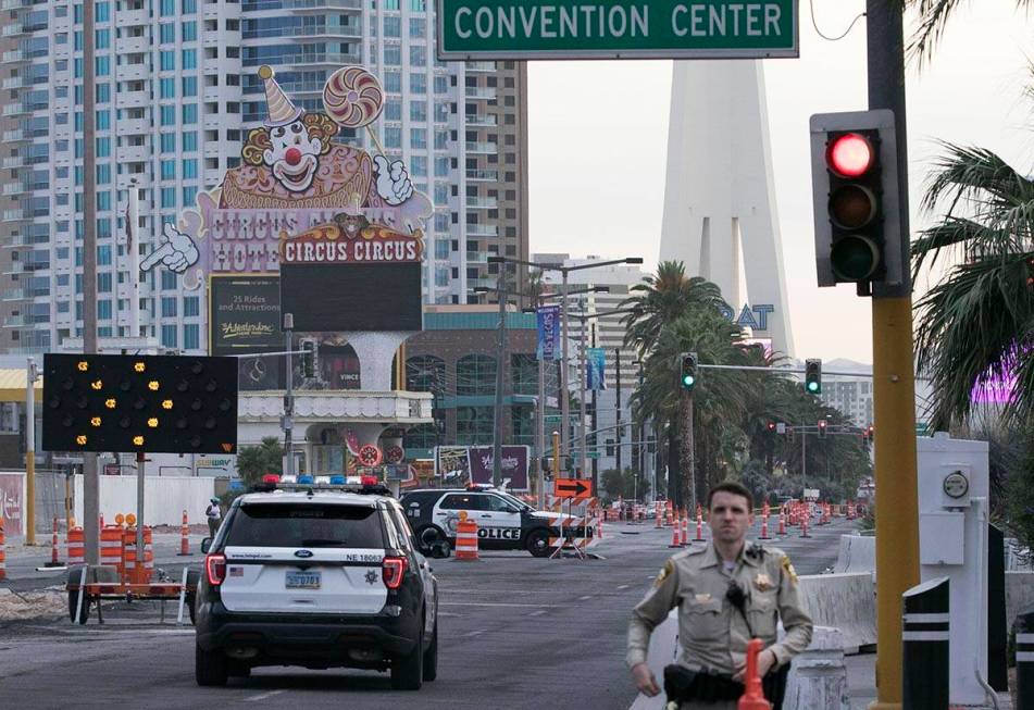Las Vegas police investigate on Tuesday, June 2, 2020, after a Las Vegas police officer was sho ...