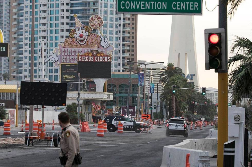 Las Vegas police investigate on Tuesday, June 2, 2020, after a Las Vegas police officer was sho ...