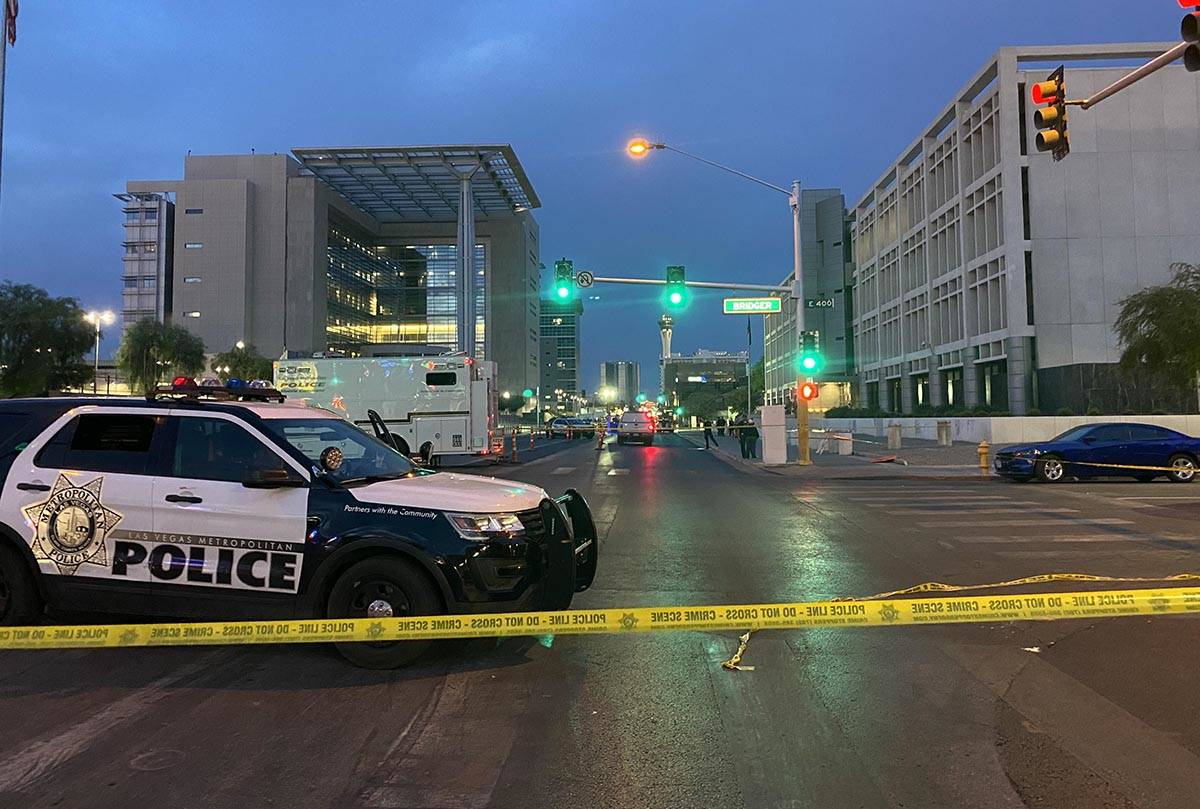 Police have Las Vegas Boulevard closed near the Foley Federal Building about 5 a.m. Tuesday, Ju ...