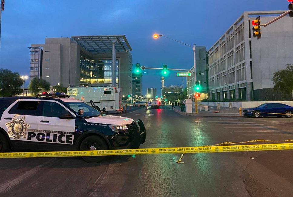Police have Las Vegas Boulevard closed near the Foley Federal Building about 5 a.m. Tuesday, Ju ...