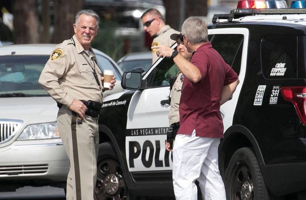 Clark County Sheriff Joe Lombardo talks to police officers on Tuesday, June 2, 2020, after visi ...