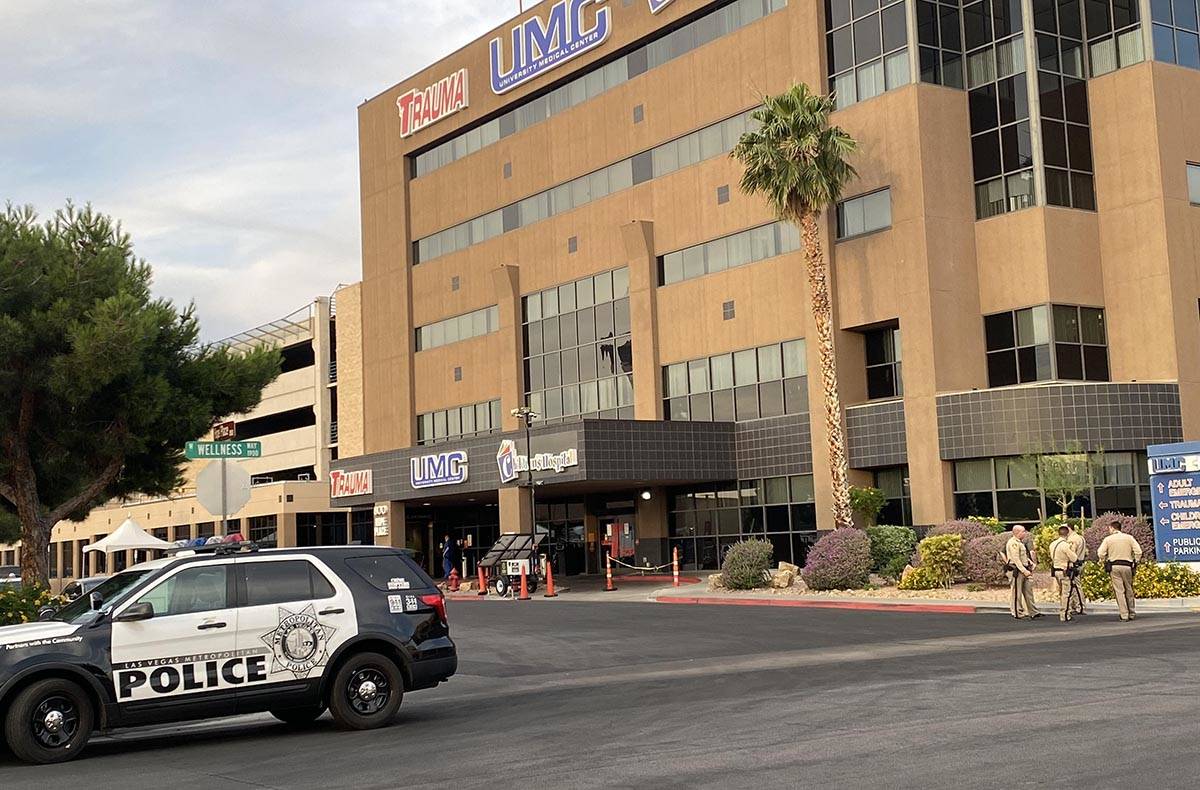 Las Vegas police officers gather at University Medical Center on Tuesday morning, June 2, 2020, ...