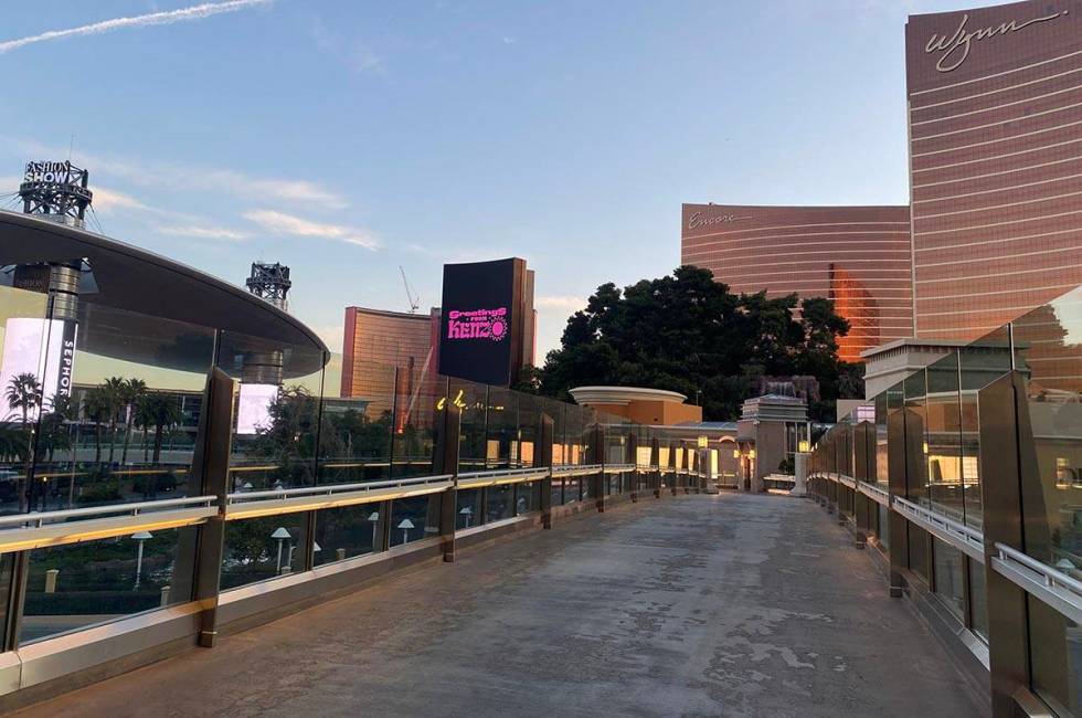 Traffic is minimal near the Encore and Wynn Las Vegas on Monday, March 16, 2020, because of the ...