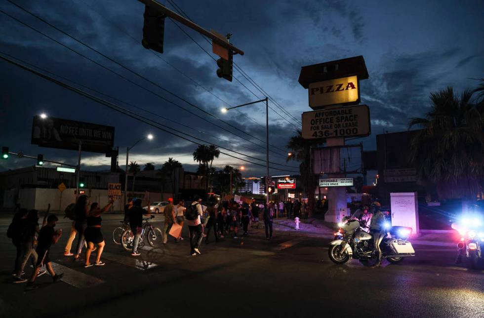 People march during a Black Lives Matter protest near UNLV in Las Vegas on Tuesday, June 2, 202 ...