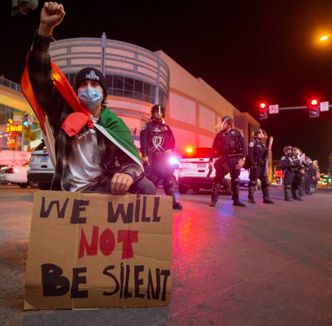 A large crowd organized by Black Lives Matter protests in downtown Las Vegas on Monday, June 1, ...