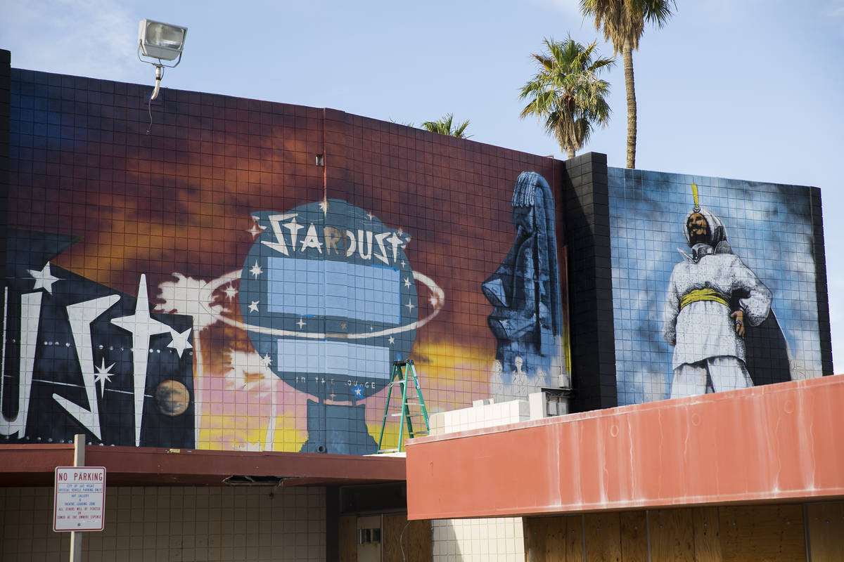 The new mural in progress, “From the Land Beyond Beyond,” by artist James Stanfor ...