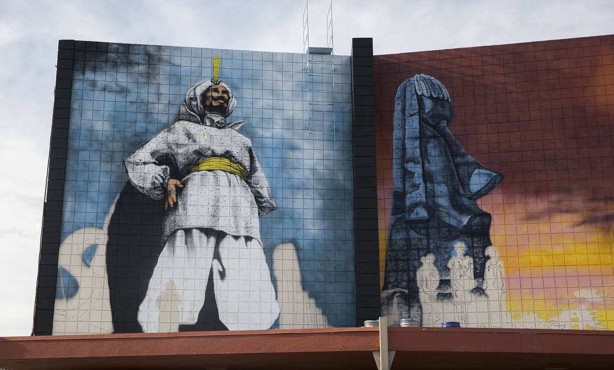 The new mural in progress, “From the Land Beyond Beyond,” by artist James Stanfor ...